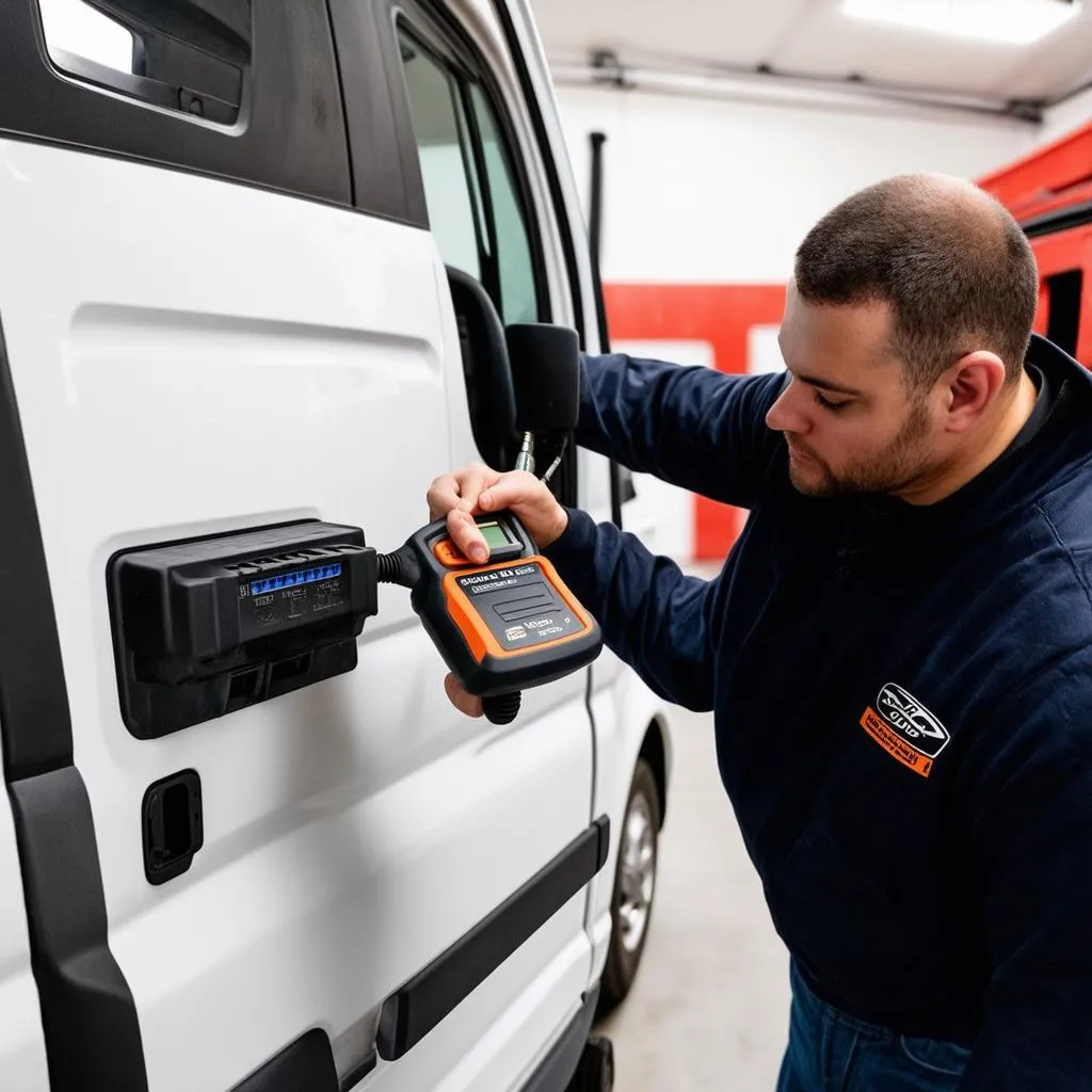 Mechanic Using Scanner on a Transit Connect