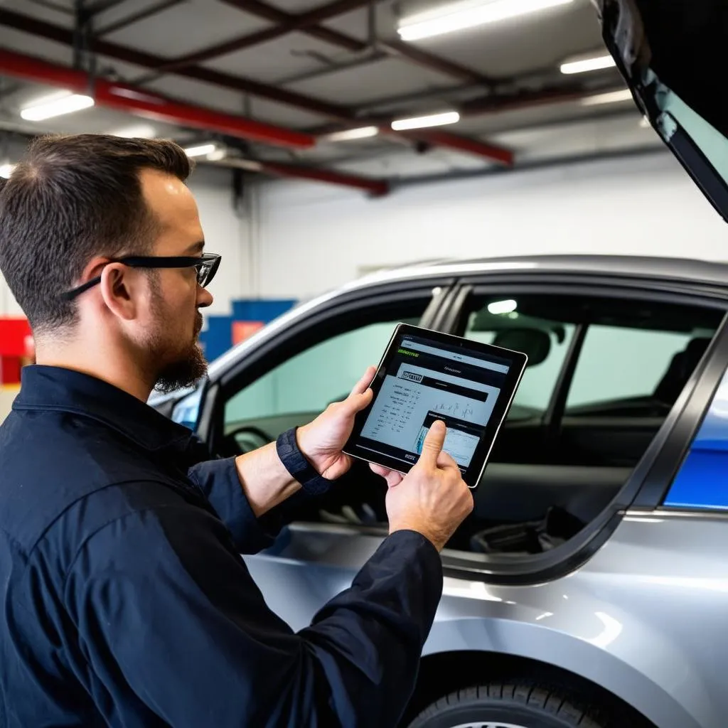 Mechanic using tablet for car diagnostics