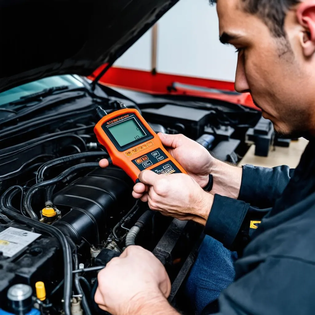 Mechanic diagnosing a car engine