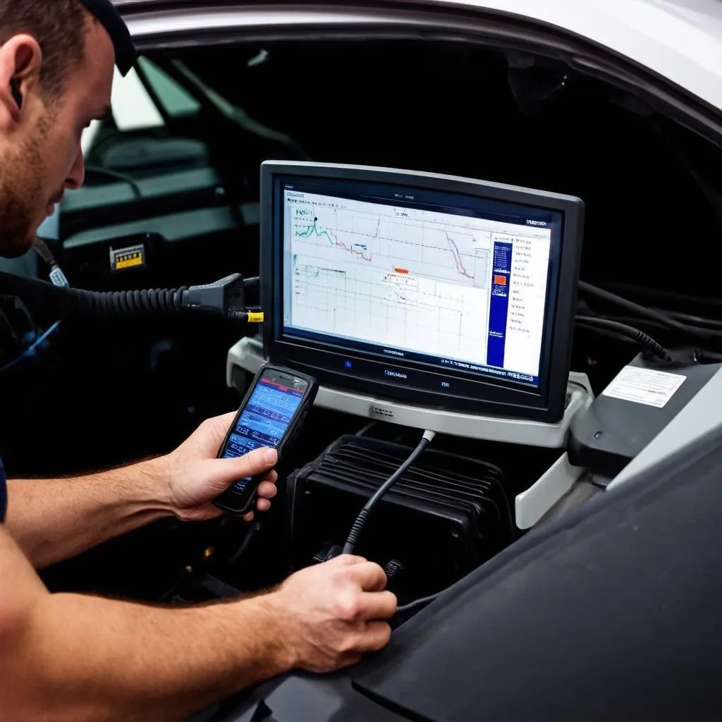 Mechanic working on car diagnostics