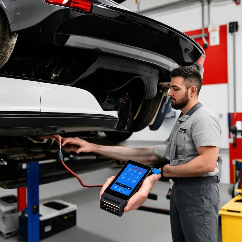 Mechanic Diagnosing Car with OBD II Dongle