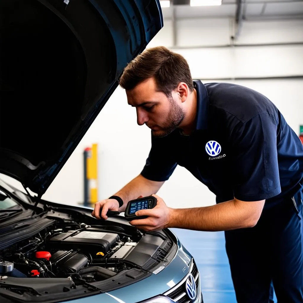 Mechanic using OBD Scanner to diagnose Volkswagen