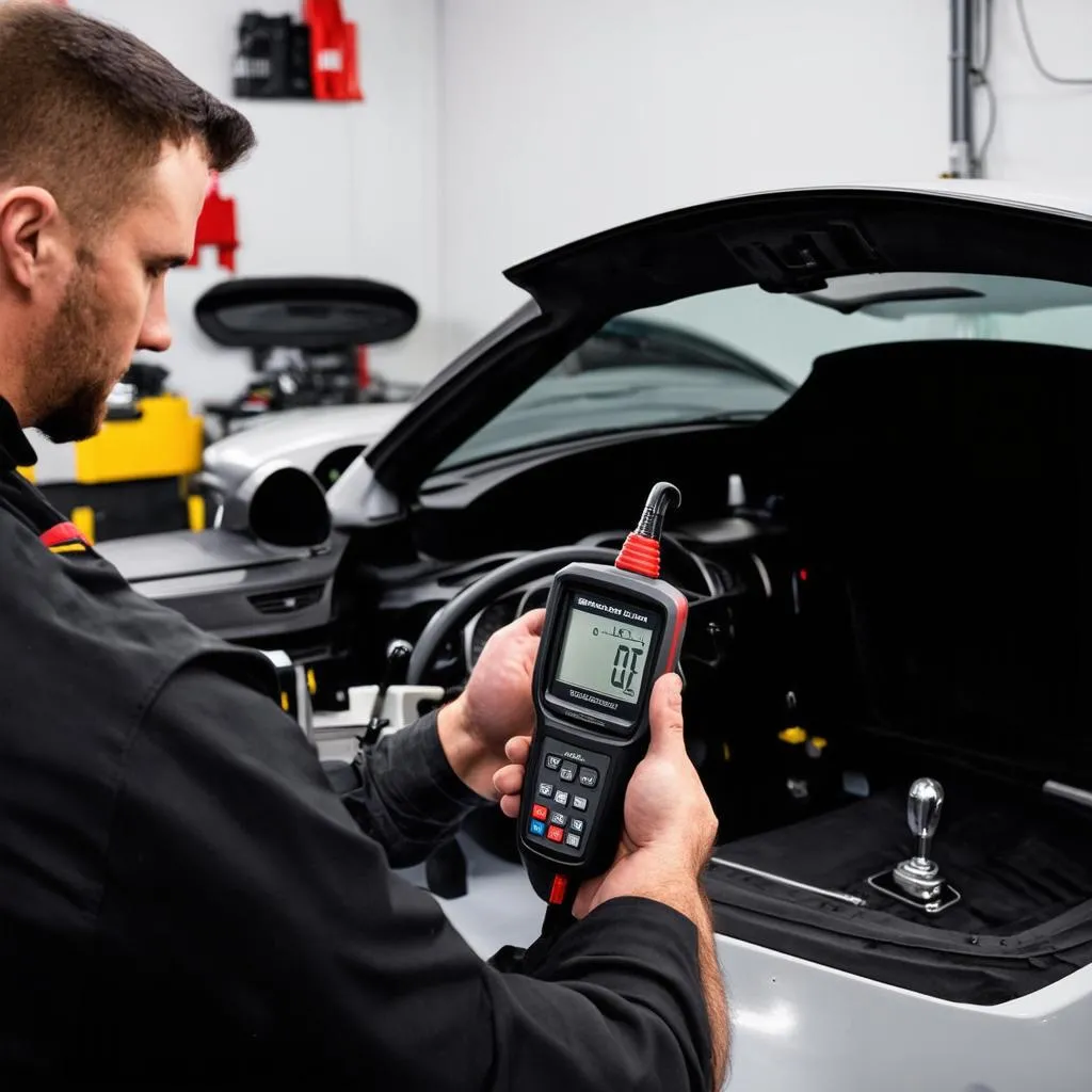 Mechanic Using OBD2 Scanner on a European Car