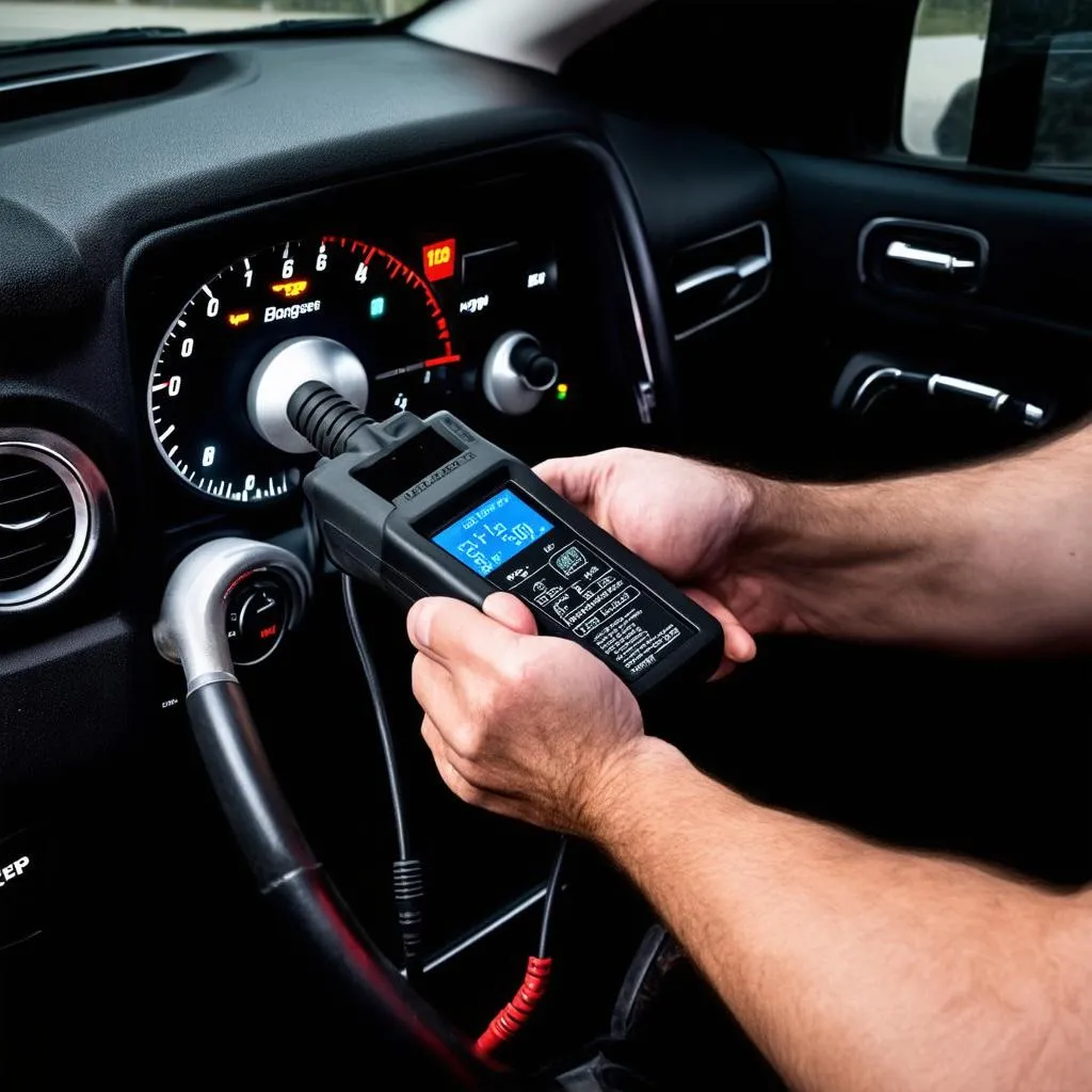 Mechanic connecting an OBD scanner to a 2018 Jeep Grand Cherokee's OBD port to diagnose an engine issue.