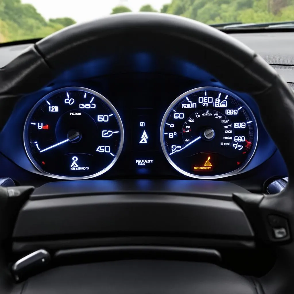 A photograph of a Peugeot car dashboard with the check engine light illuminated, symbolizing a potential issue that needs attention.