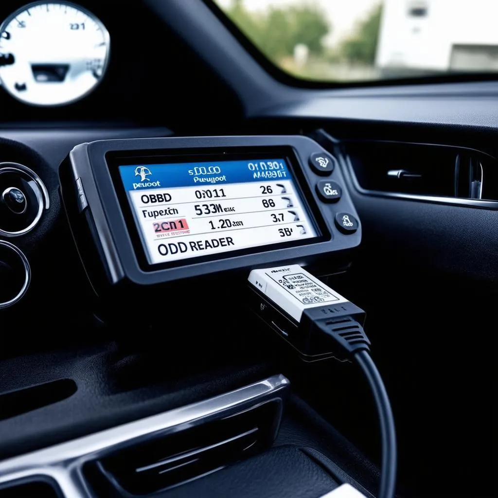 A close-up photo of a Peugeot OBD reader plugged into the OBD-II port of a car, displaying diagnostic information on its screen.