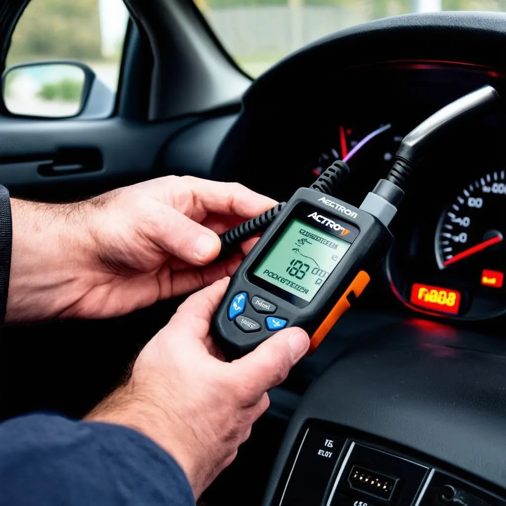 Mechanic using Actron Pocketscan to read car's error code