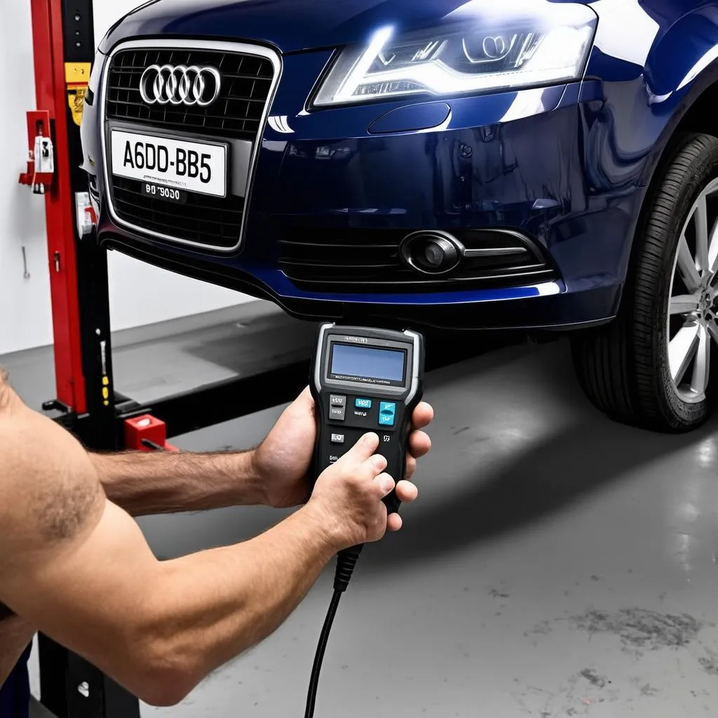 Mechanic Using Diagnostic Scanner on Audi A4 B5