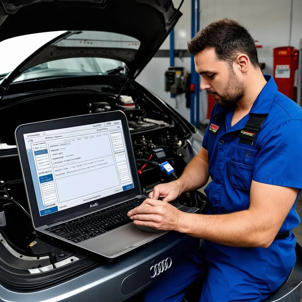 Audi Mechanic Using Laptop