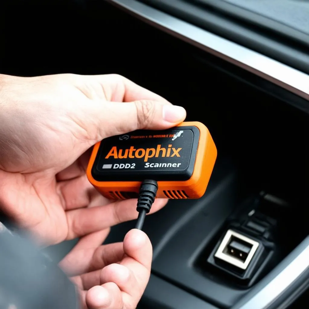 autophix obd2 scanner being held in a hand