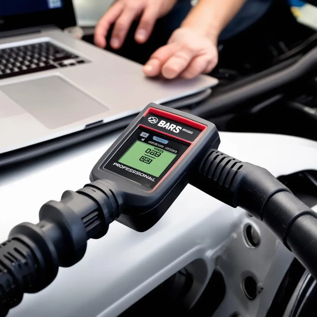 A sleek, modern diagnostic tool plugged into a car's OBD-II port, with a mechanic's hands working on a laptop in the background.