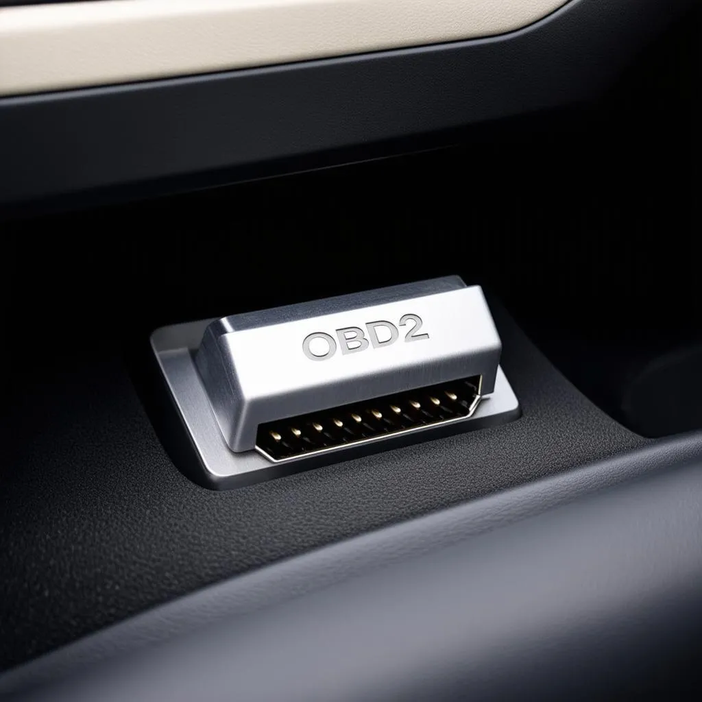 Close-up of a billet OBD2 port cover installed in a car