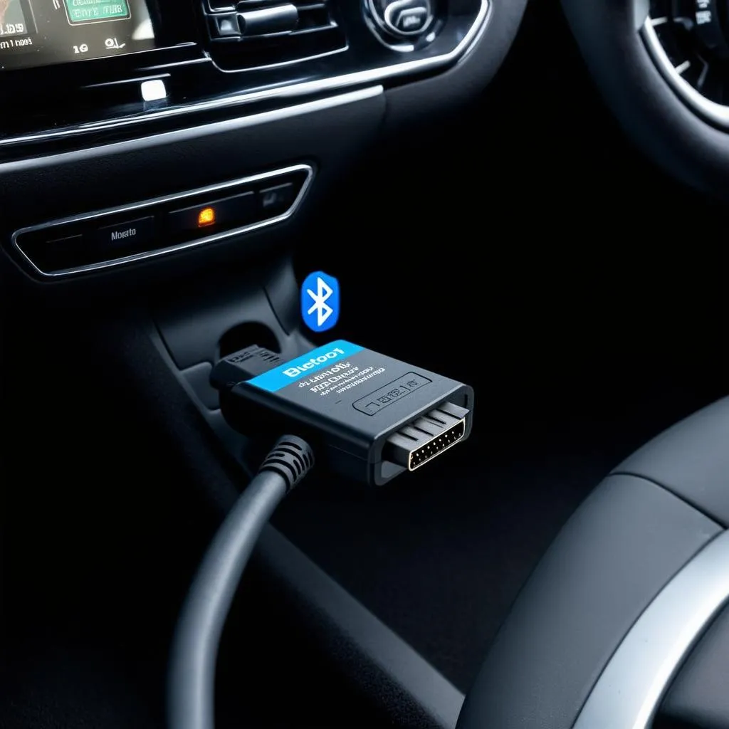 Bluetooth OBD2 adapter plugged into a car's OBD port.