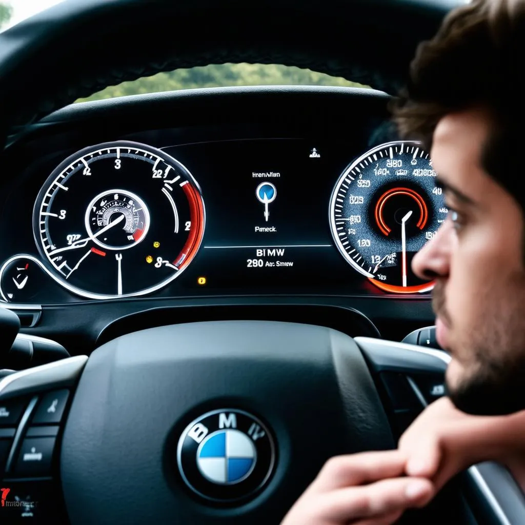 BMW dashboard with check engine light