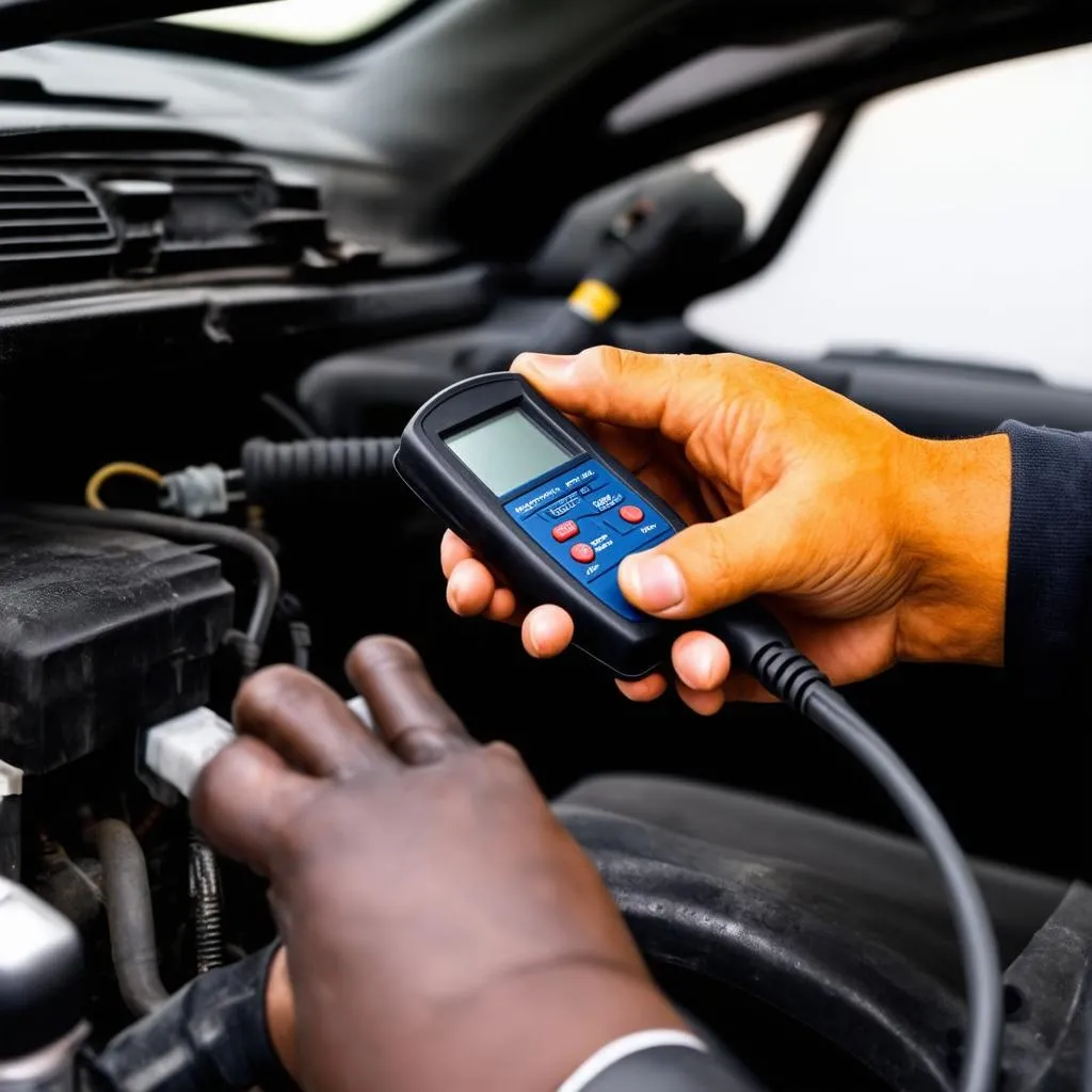 Mechanic using an OBD2 scanner on a BMW E46