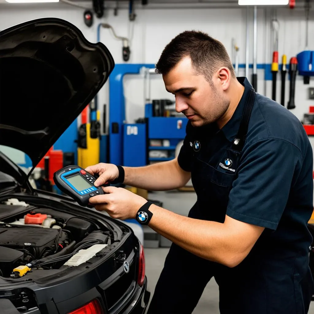 BMW Mechanic Diagnosing Car