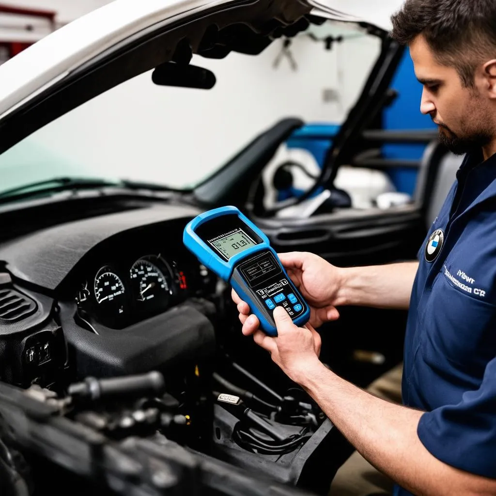 Mechanic using an OBD2 scanner to diagnose a BMW