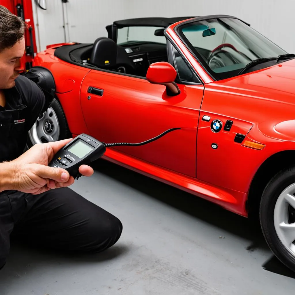 Mechanic using an OBD Scanner on a 1999 BMW Z3