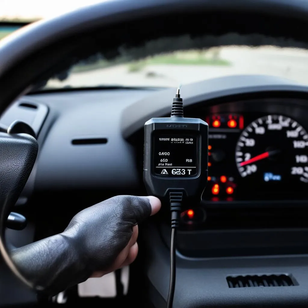 car dashboard with obd scanner plugged in