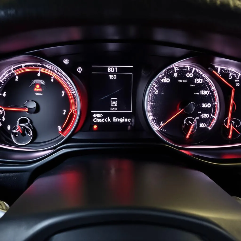 Car dashboard with engine warning light illuminated