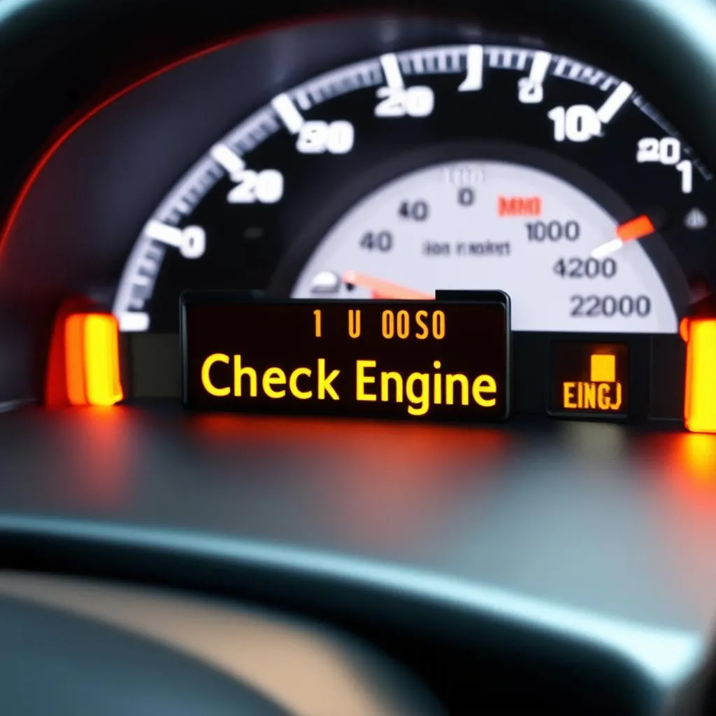 Car Dashboard with Glowing Check Engine Light