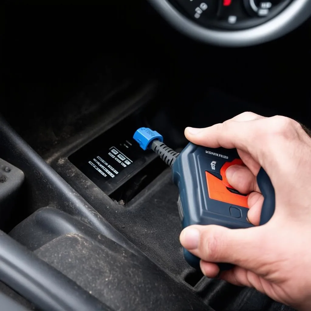 mechanic plugging obd scanner into car