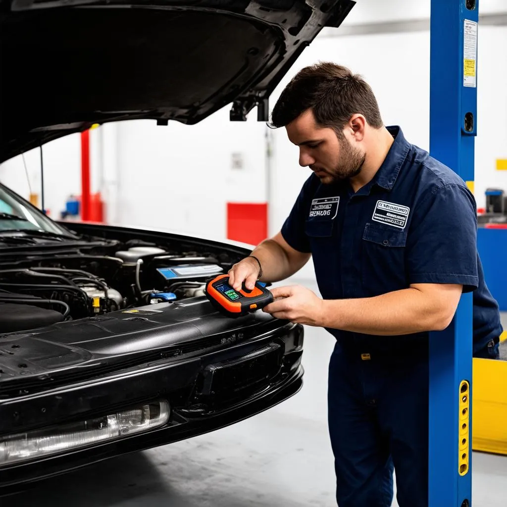 Car mechanic using a diagnostic scanner on a car