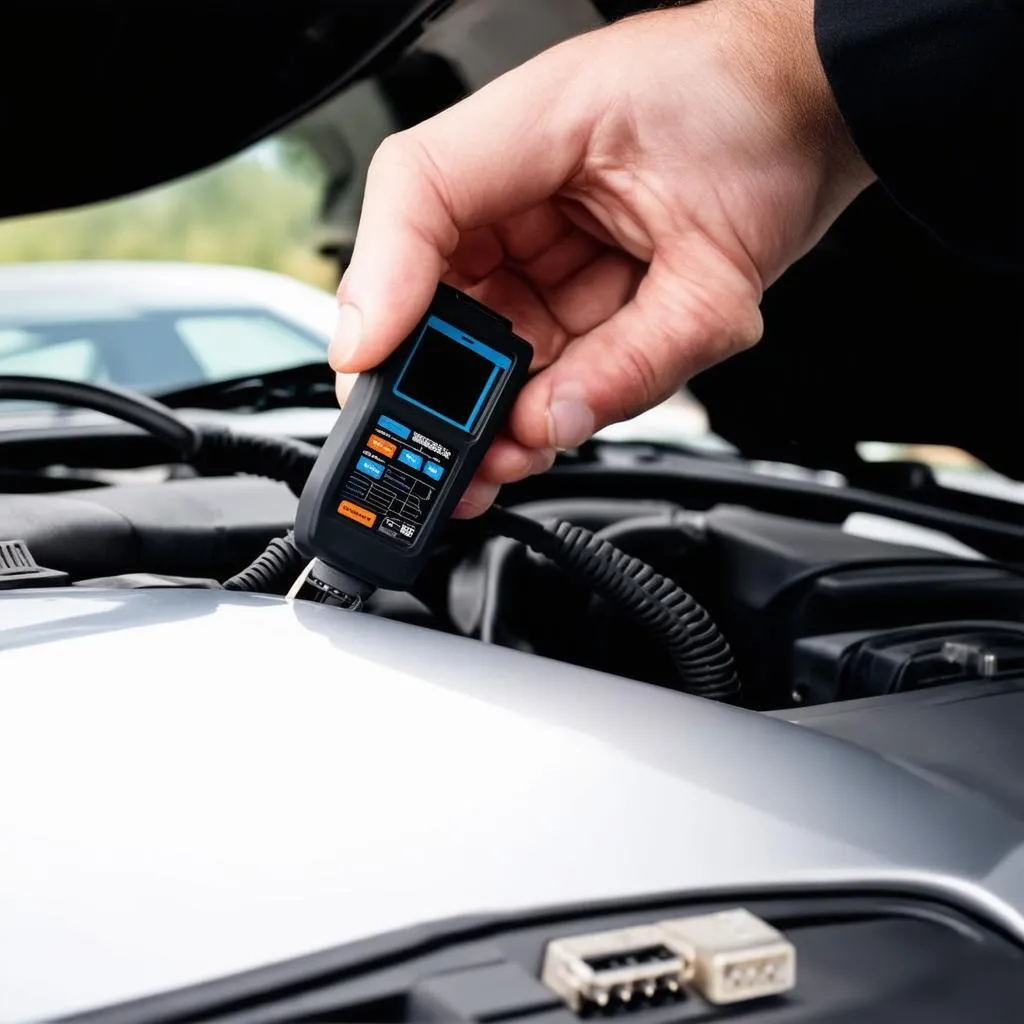 car diagnostic tool plugged into a car's OBD2 port