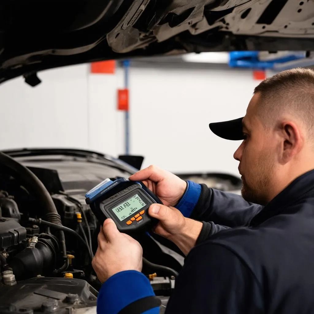 A mechanic using a professional OBD scan tool on a car.