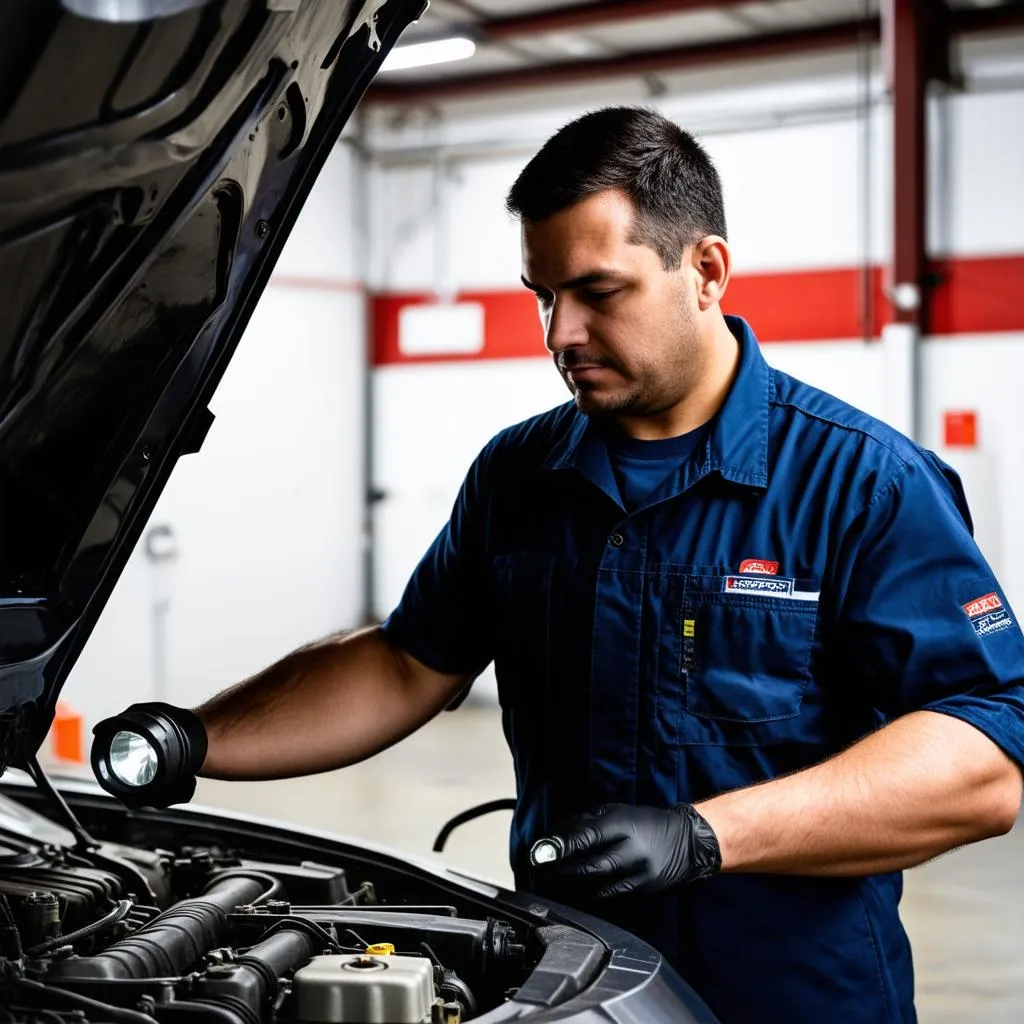 Car Mechanic Inspecting Engine