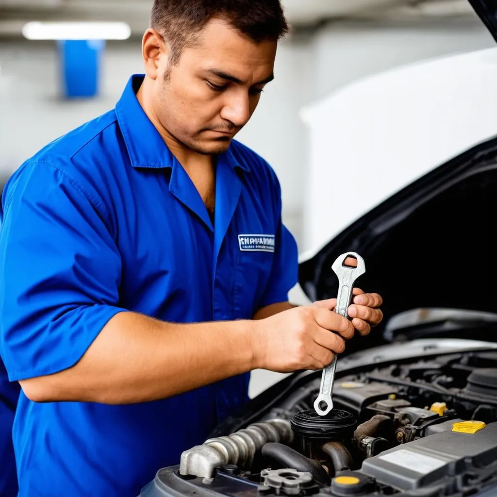 Car mechanic working on a car engine