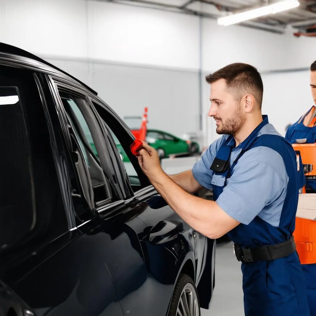 car mechanic helping customer