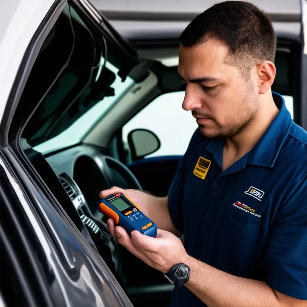 Car mechanic using OBD scanner