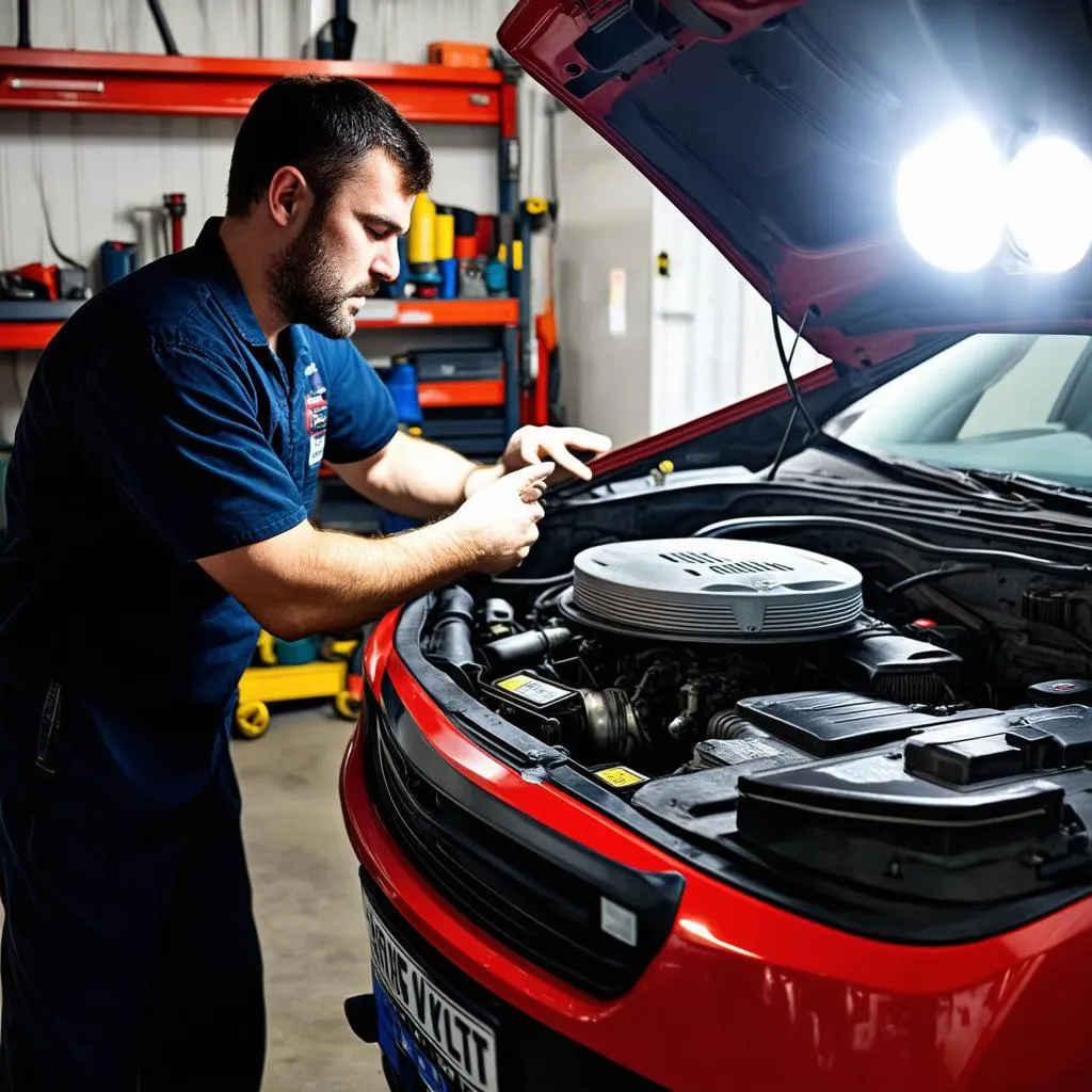 Car mechanic repairing engine