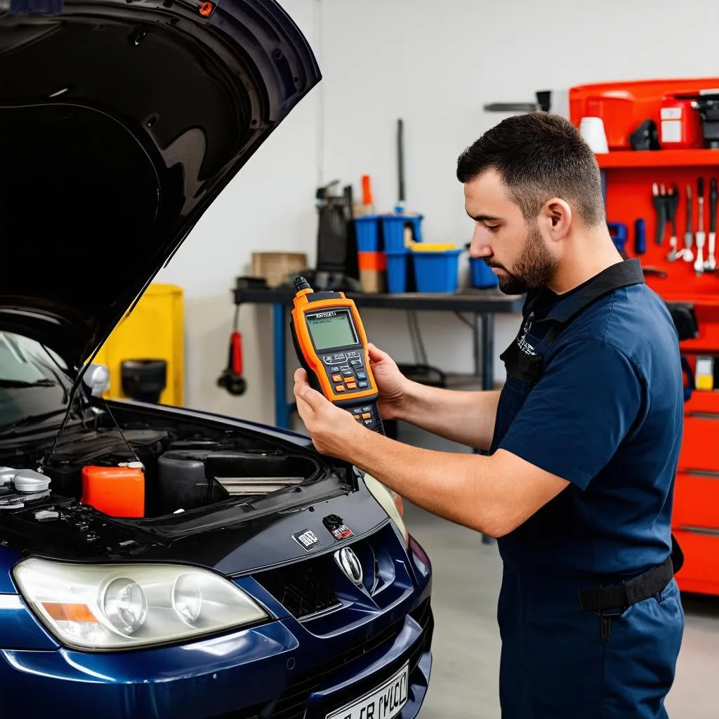 Mechanic using a diagnostic tool