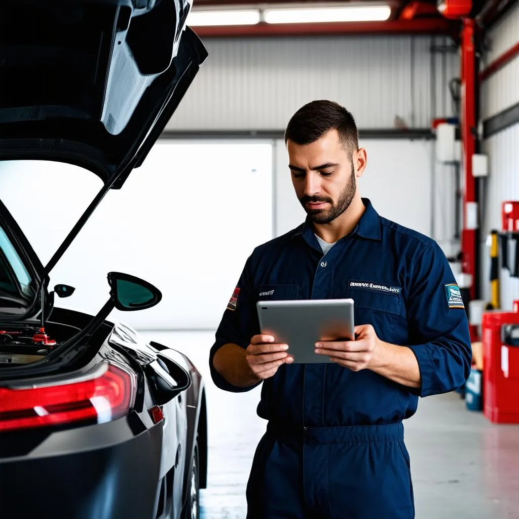 Mechanic using Diagnostic Tablet