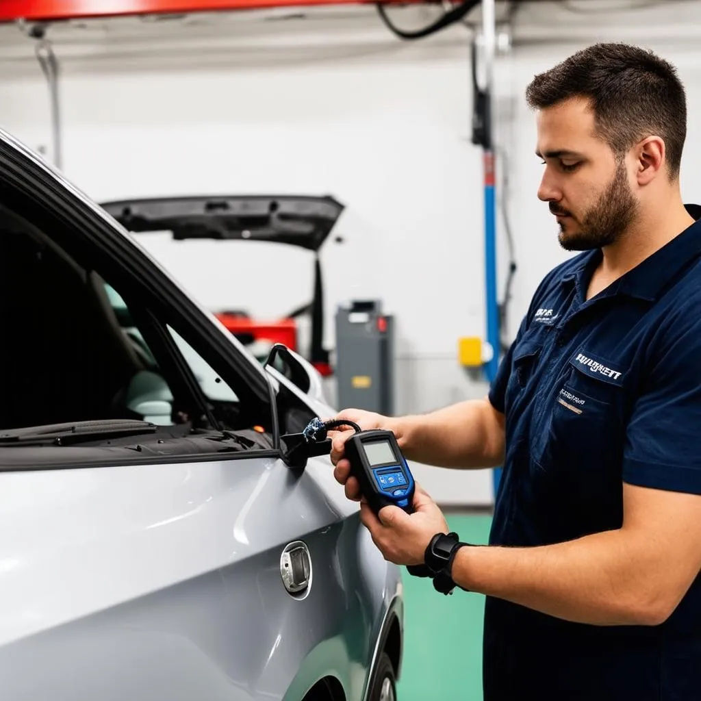  Mechanic using an OBD scanner on a car