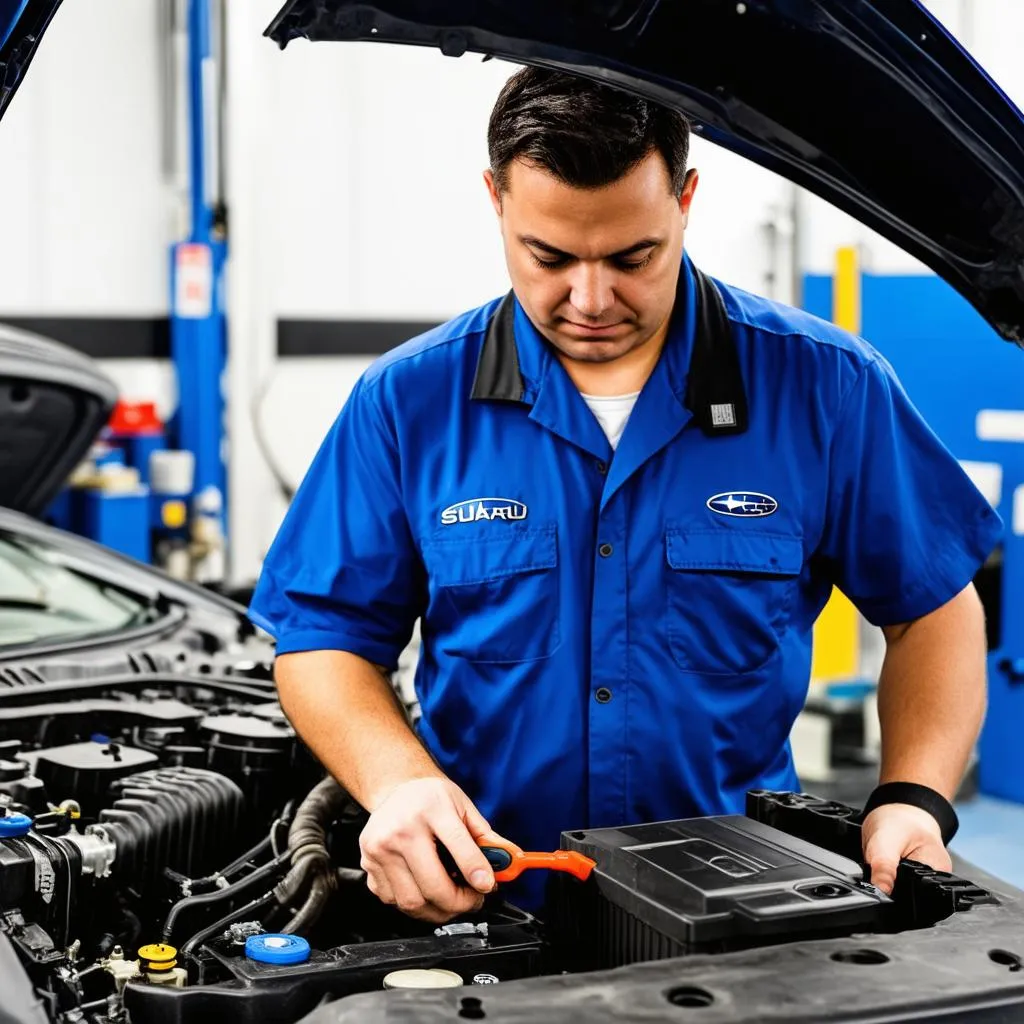 Car mechanic working on a Subaru engine