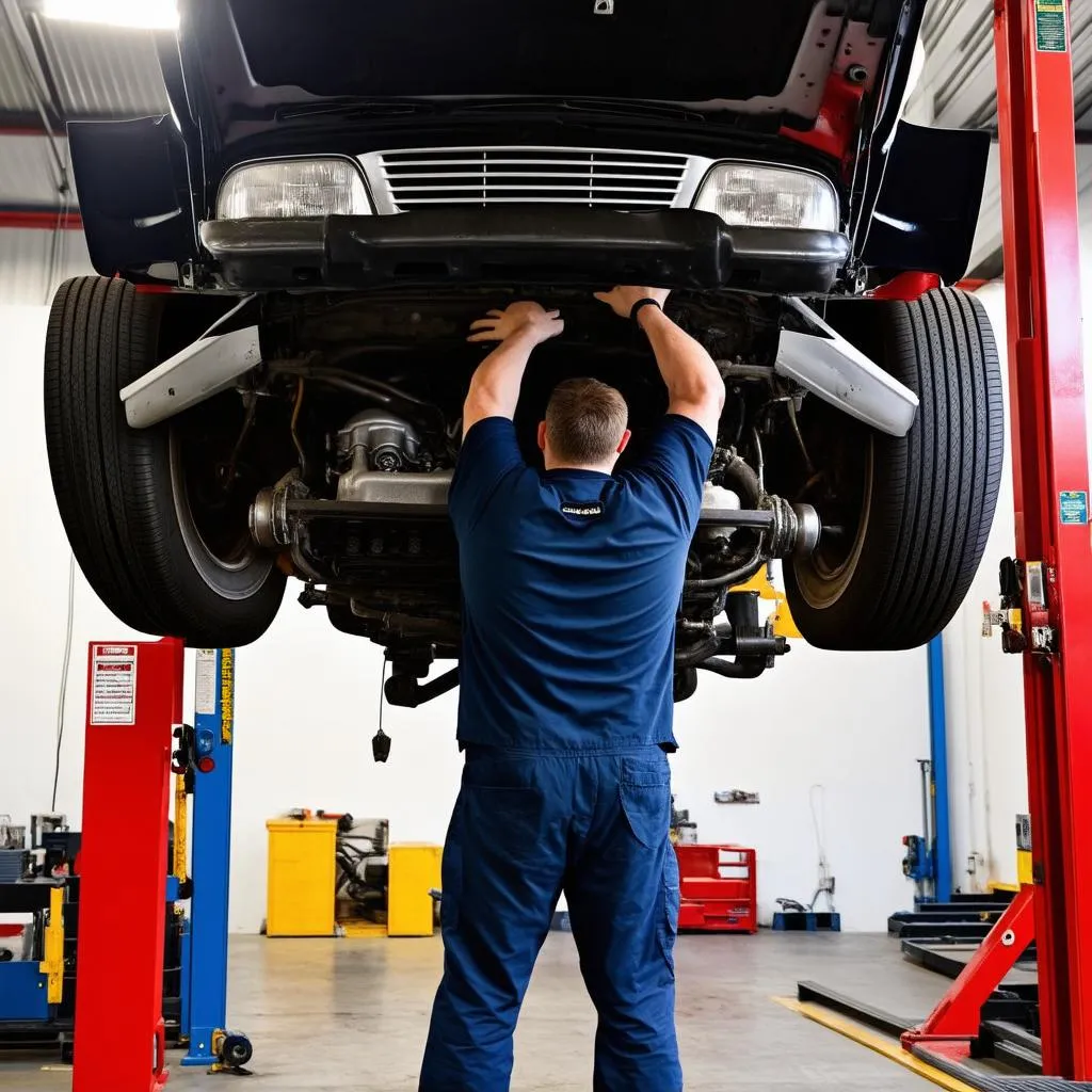 Car mechanic working on engine