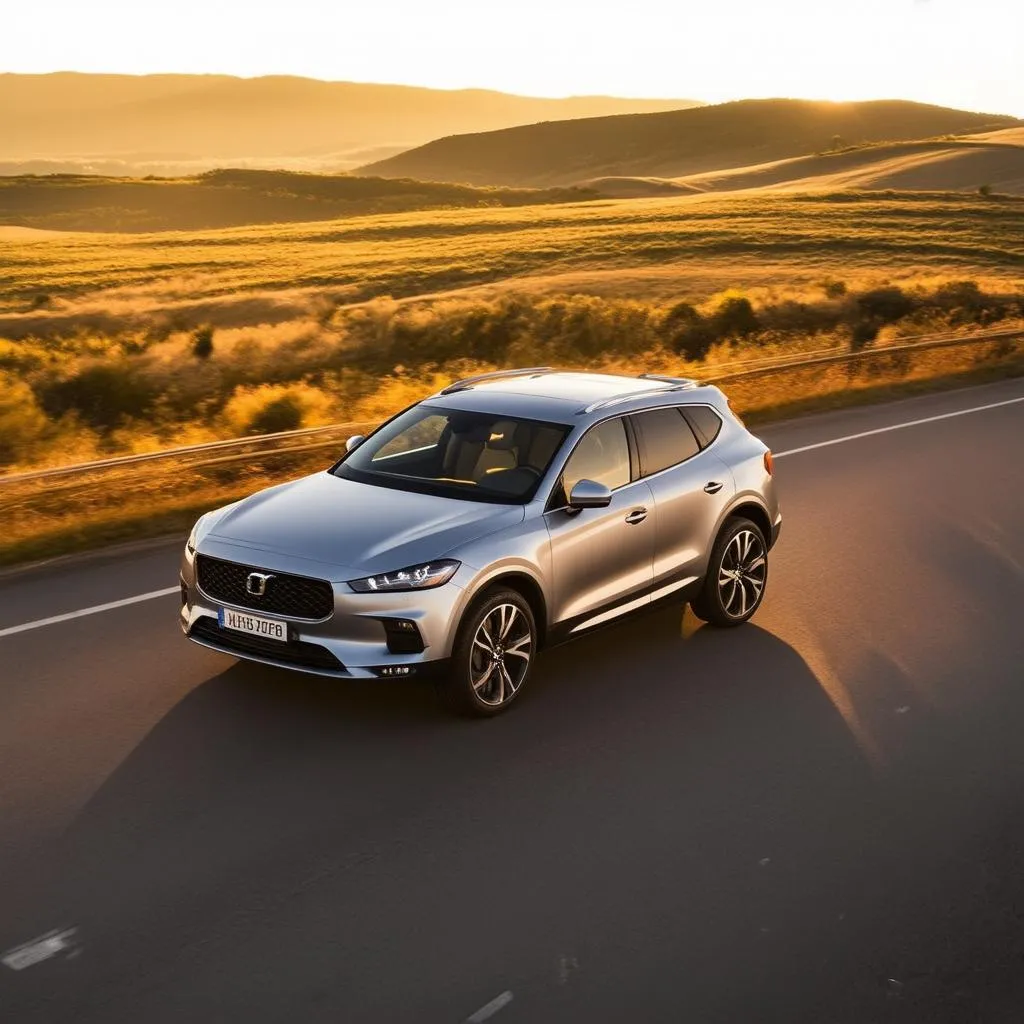 Car driving on open road at sunset