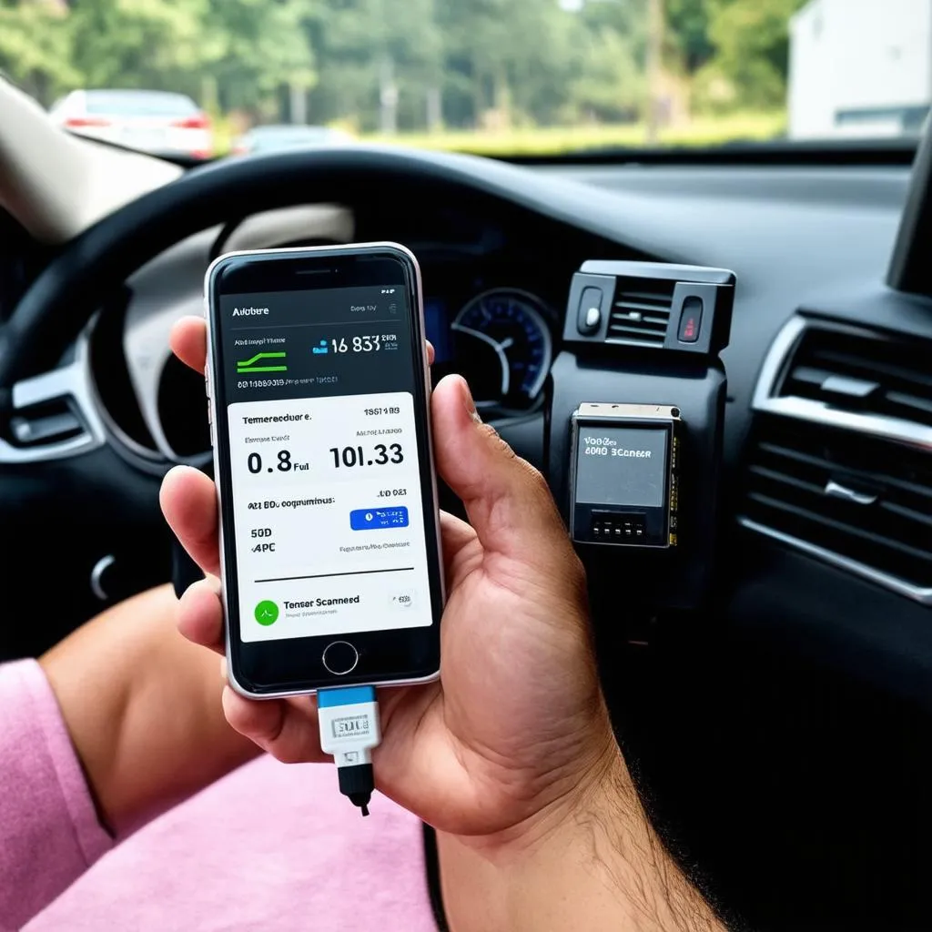 A person holding a smartphone connected to a car via a smart OBD scanner, checking real-time performance data on the app.