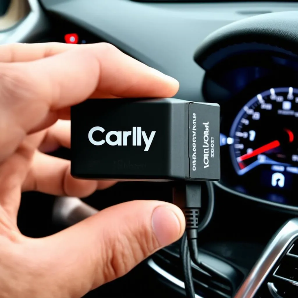 Carly Wifi OBD adapter plugged into a car's OBD port