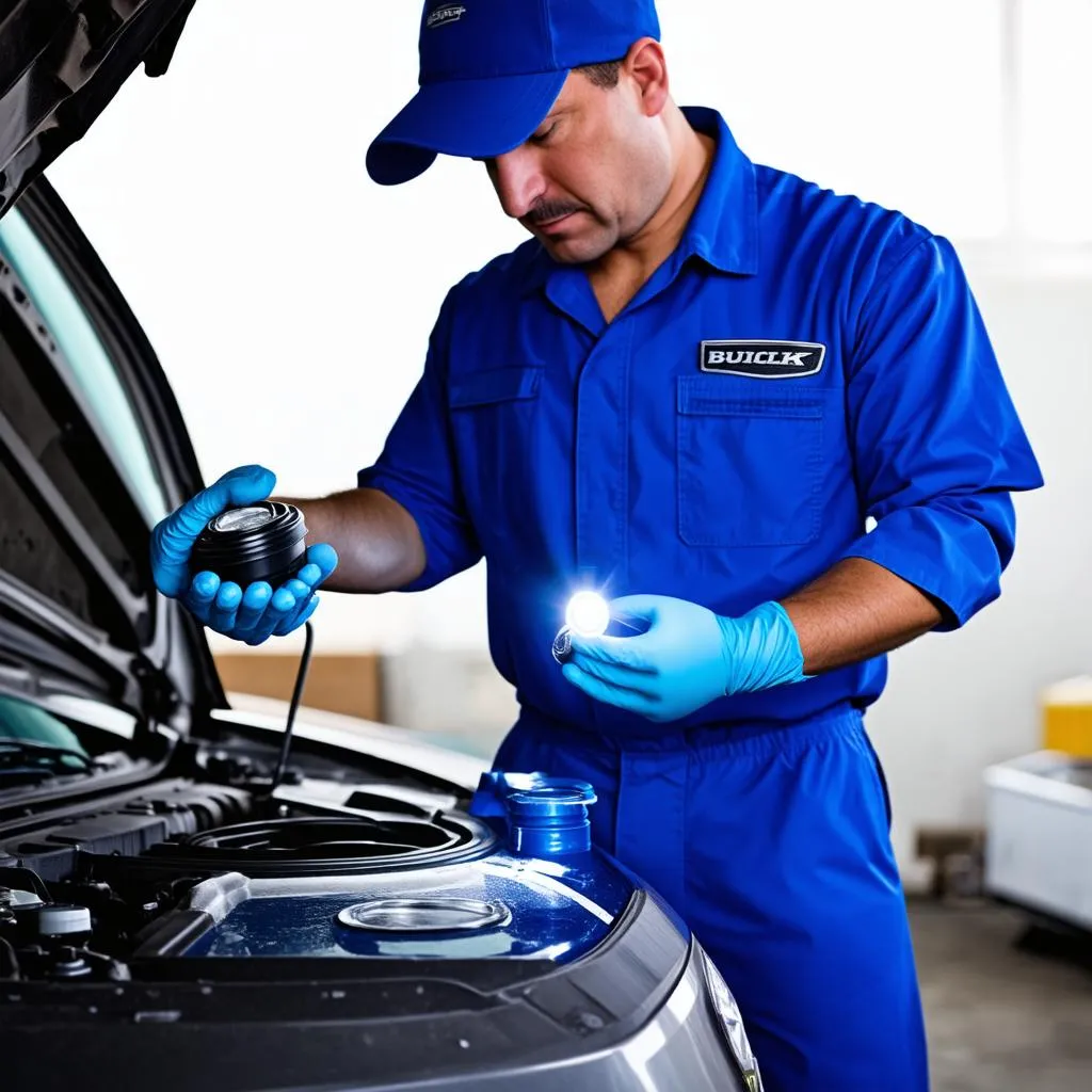 Mechanic checking Buick coolant reservoir