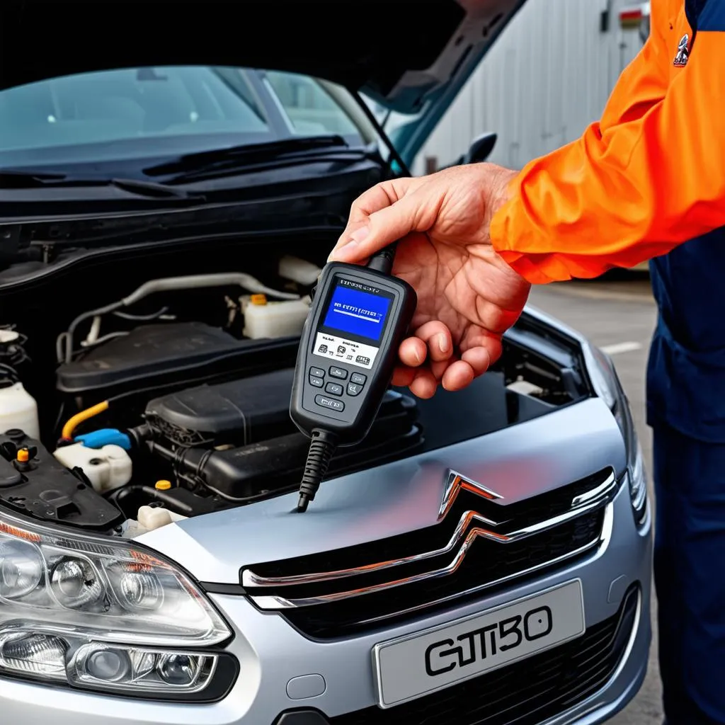 A mechanic using an OBD scanner on a Citroen C5