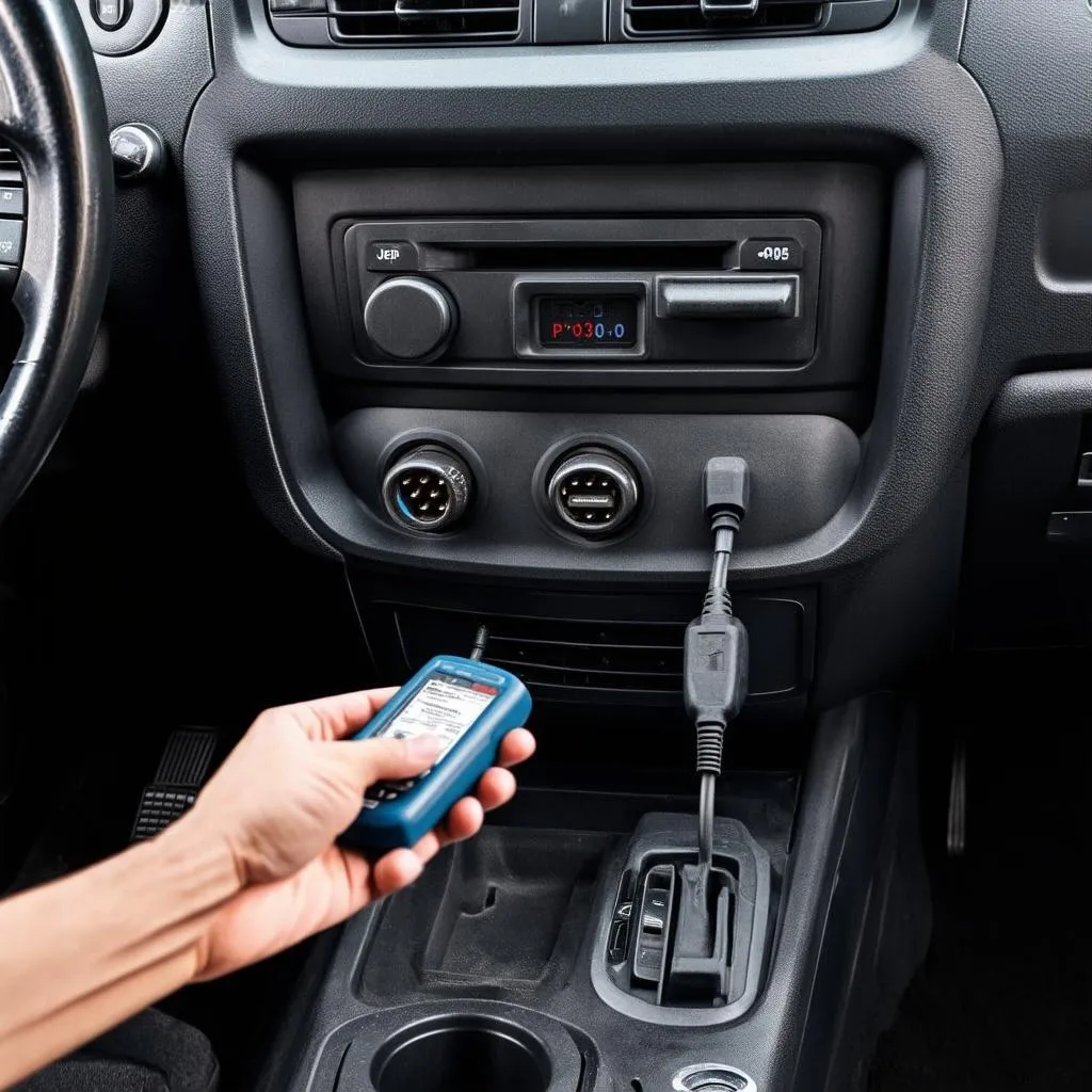 close up view of OBD-II port with scanner connected in Jeep Liberty