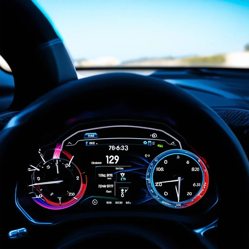 Modern car dashboard interface with multiple gauges and real-time data display.