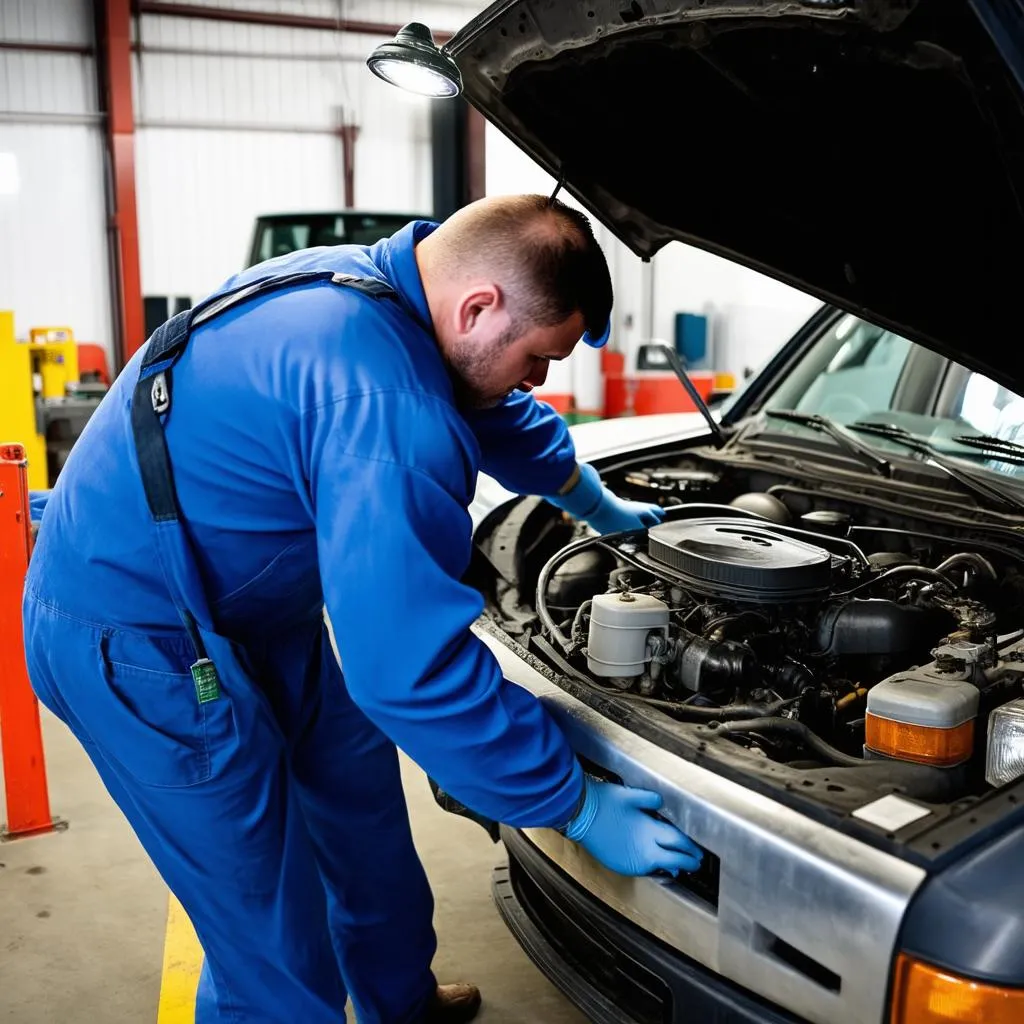 Mechanic working on a diesel engine