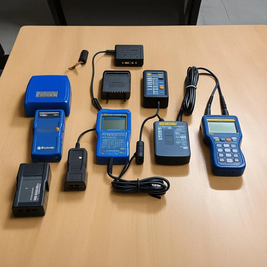 Various OBD meters displayed on a table