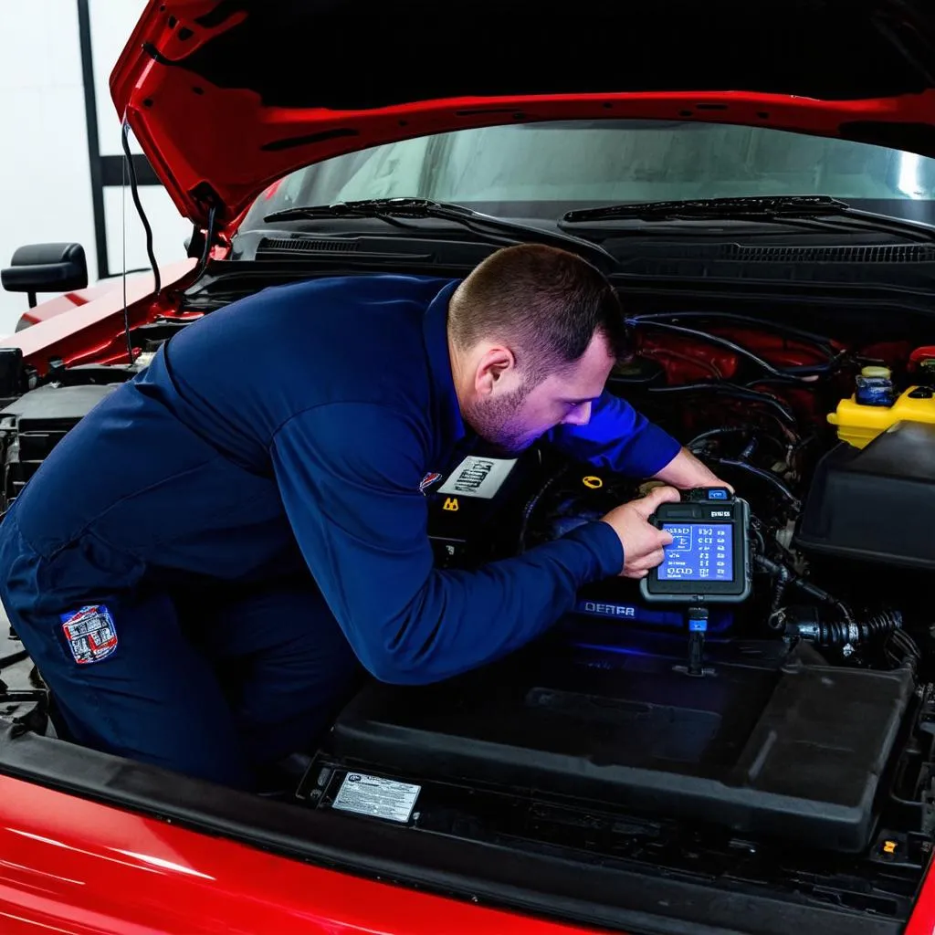 Mechanic using an OBD scanner on a Dodge RAM