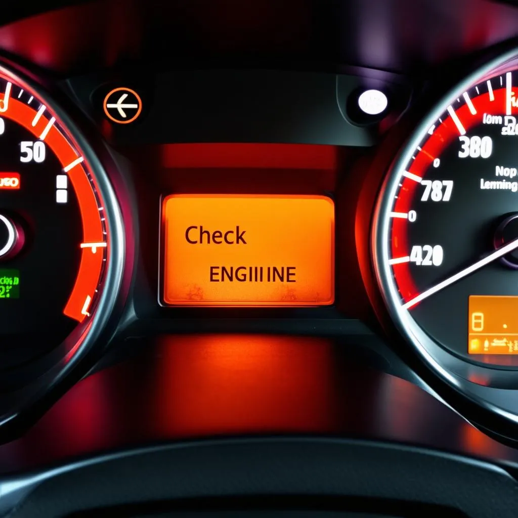 Car Dashboard with Engine Warning Light